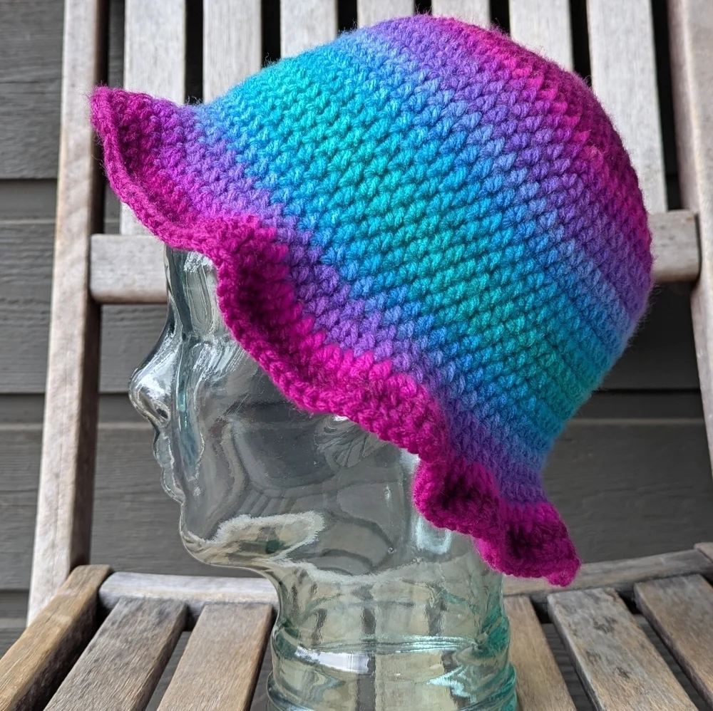 Handmade Gradient Pink Purple Blue Green Crochet Sun Bucket Hat One Size